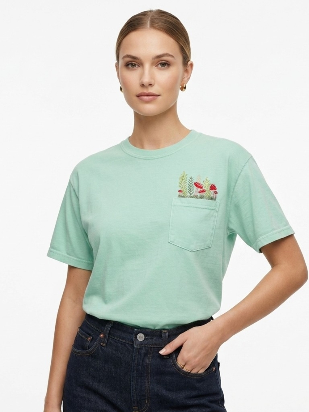 Comfort Colors Embroidered Mushroom Pocket Tee Mint Green Size Large